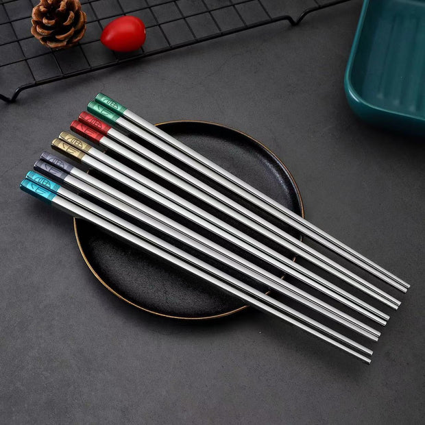 Household Stainless Steel 304/316 Color Blessing Chopsticks Chinese-Style Blessing Chopsticks All Square Alloy Chopsticks Five Pairs Of Gift Boxes
