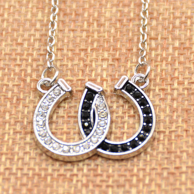 lychee Horse Hoof Necklace Lucky Rhinestone Double Black White Color Horseshoe Pendant Necklace Jewellery