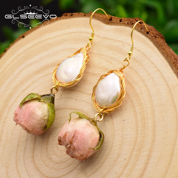 GLSEEVO Natural Fresh Water Baroque Pearl Dangle Earrings For Women Flower Drop Earrings Wedding Gifts Fine Jewellery