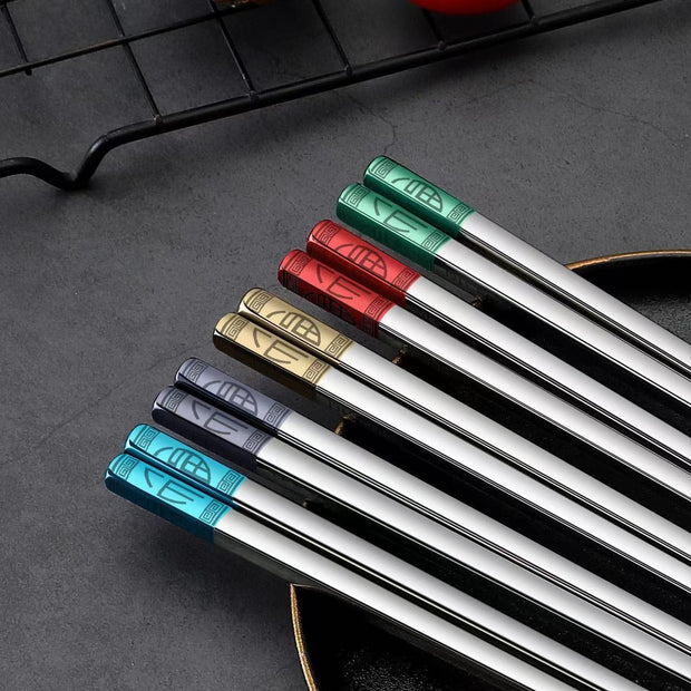 Household Stainless Steel 304/316 Color Blessing Chopsticks Chinese-Style Blessing Chopsticks All Square Alloy Chopsticks Five Pairs Of Gift Boxes