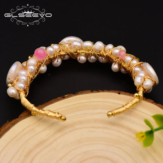 GLSEEVO Original Natural Fresh Water Baroque Pearl Bangle & Bracelet For Women Wife Wedding Handmade Adjustable Jewellery GB0060